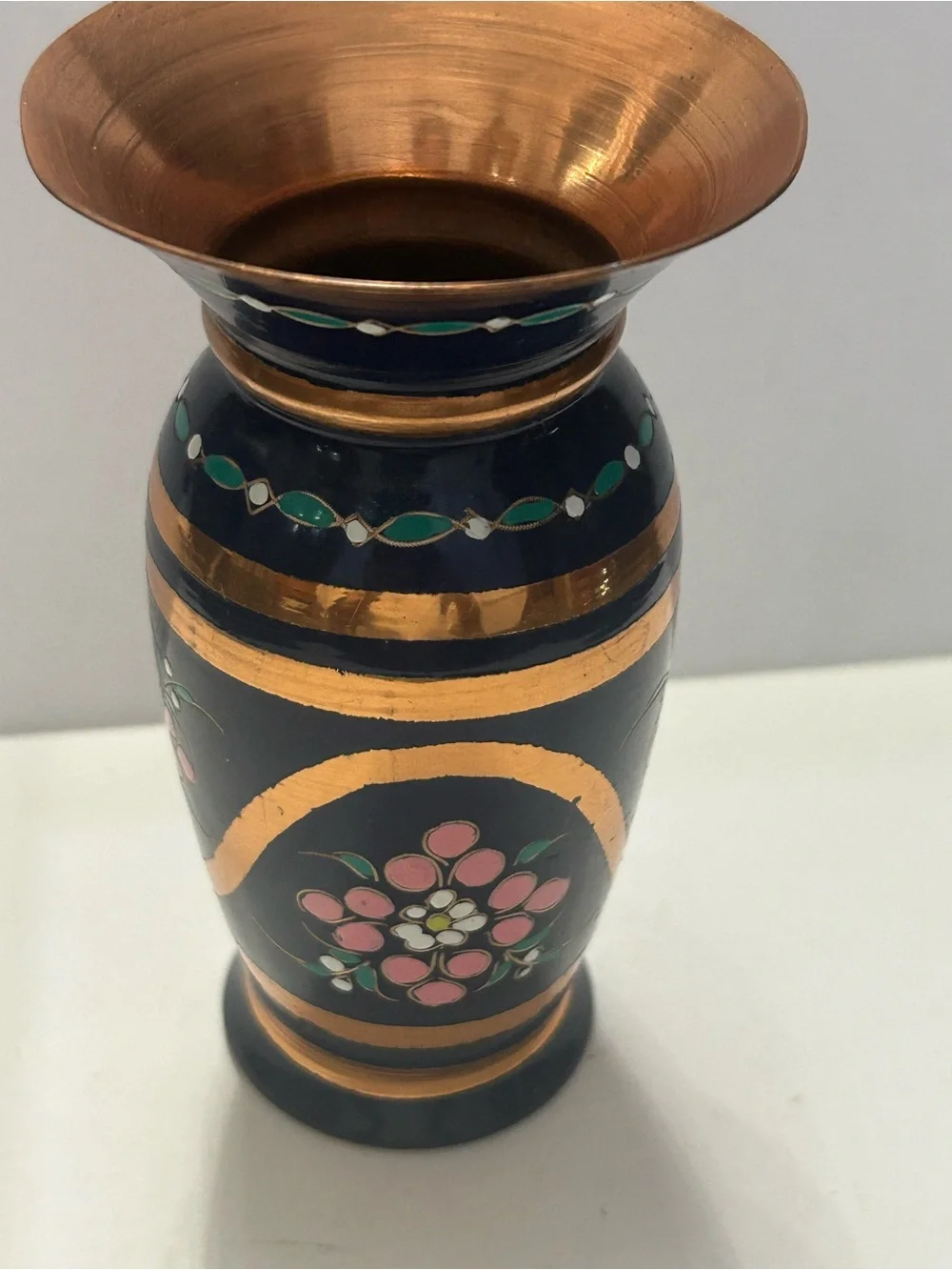 Vintage Enamel on Copper Mini Vase Blue Floral 4” - Picture 3 of 8